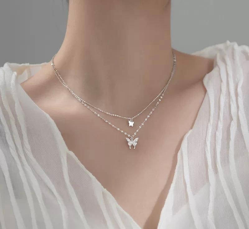 🦋 Butterfly Design Double Layer Pendant ✨ | Silver Plated Necklace