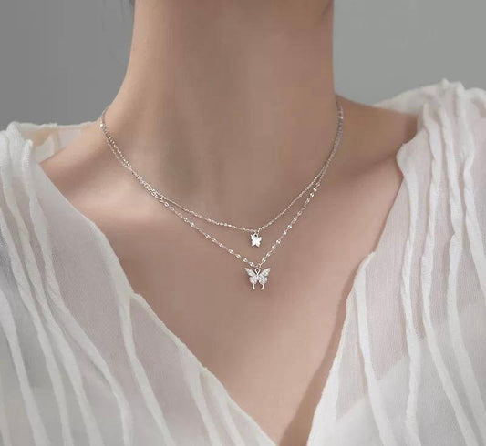 🦋 Butterfly Design Double Layer Pendant ✨ | Silver Plated Necklace