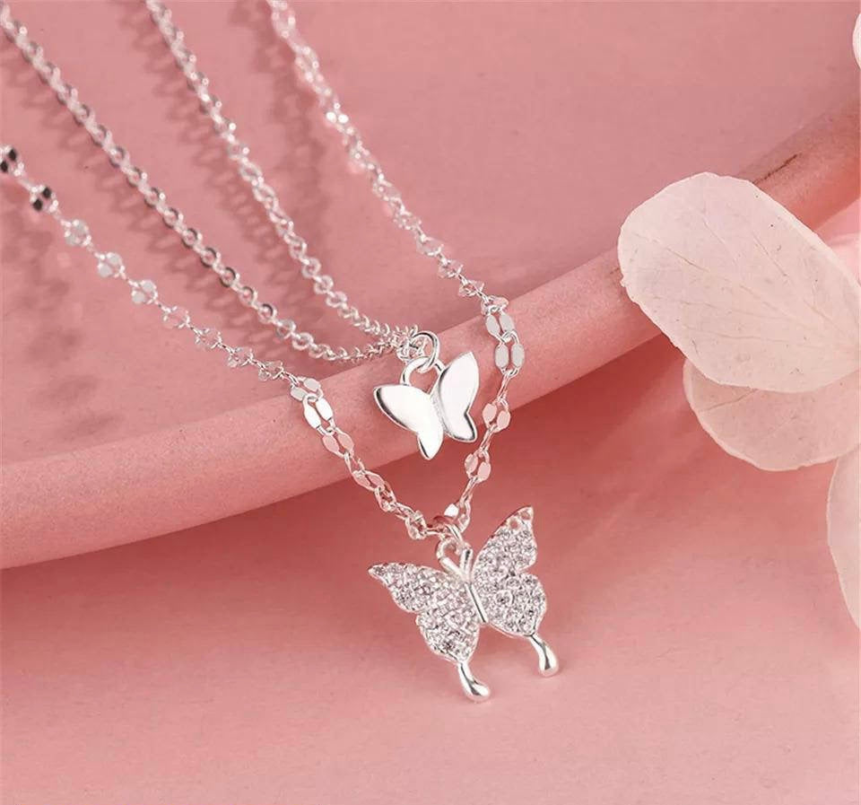 🦋 Butterfly Design Double Layer Pendant ✨ | Silver Plated Necklace