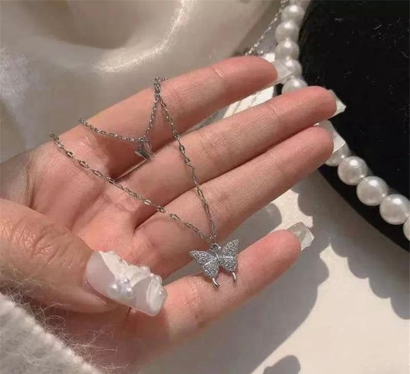 🦋 Butterfly Design Double Layer Pendant ✨ | Silver Plated Necklace