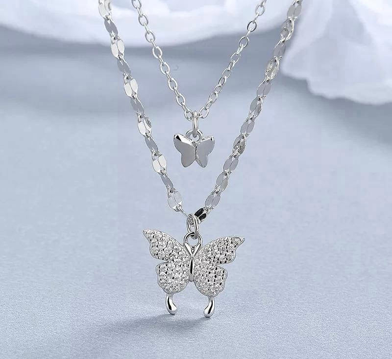 🦋 Butterfly Design Double Layer Pendant ✨ | Silver Plated Necklace