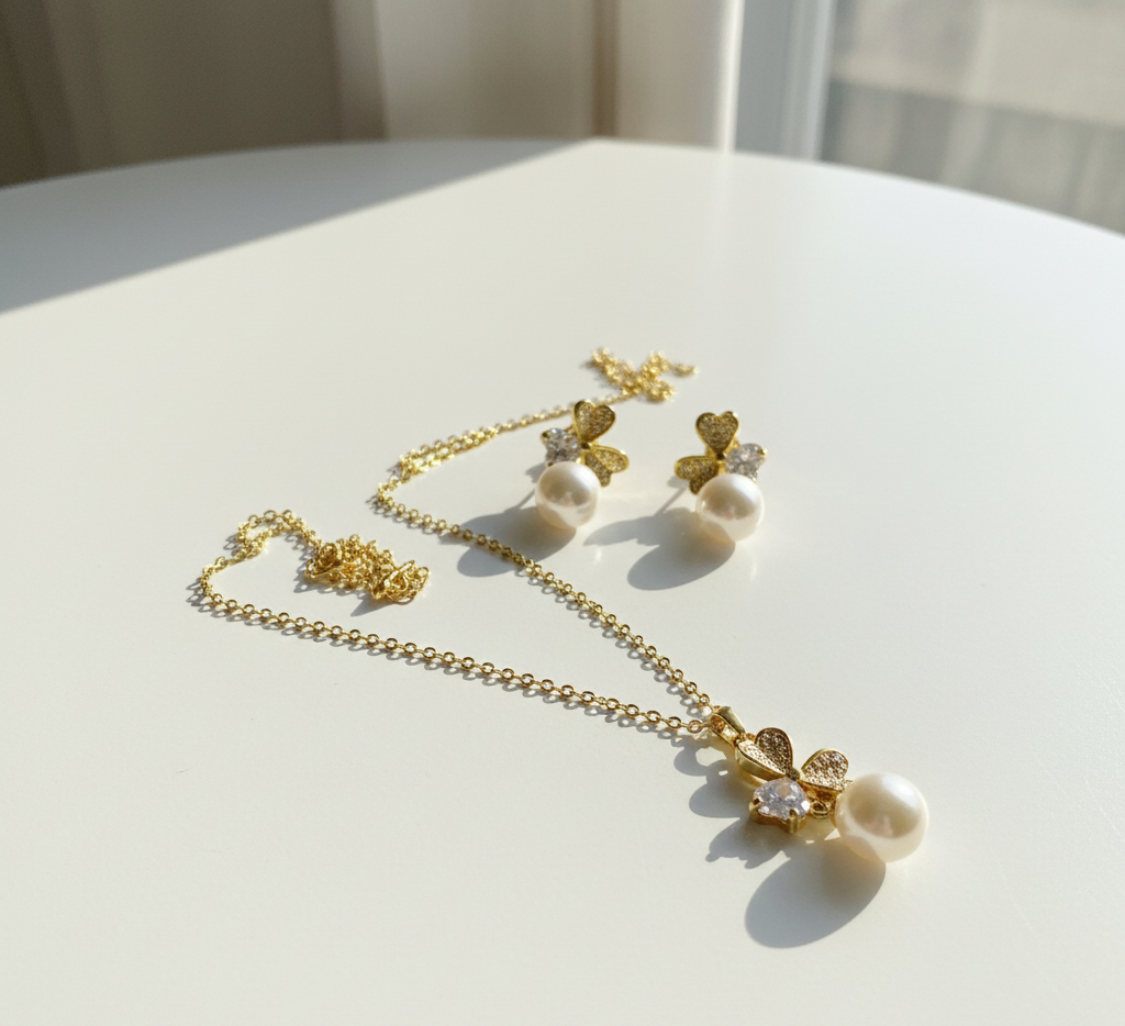 💎 Butterfly Pearl Charm Jewelry Set – Elegant Necklace & Earrings 🌟🦋