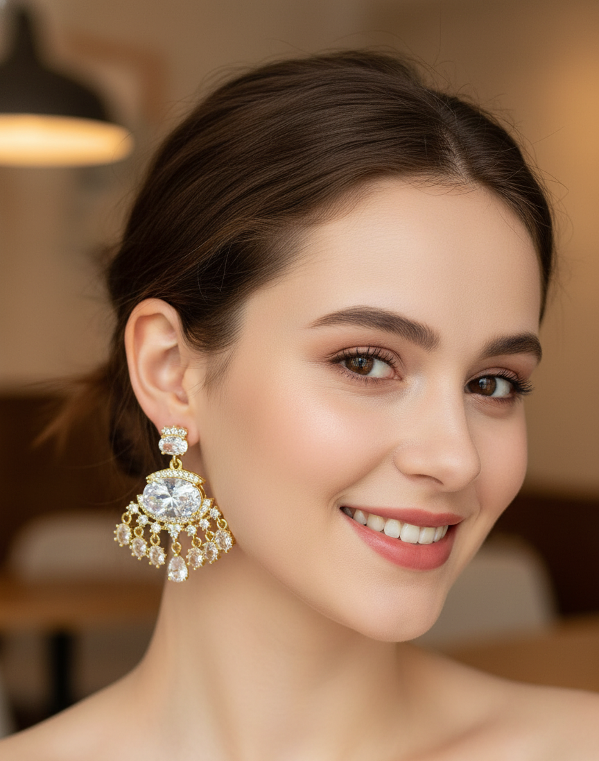 ✨💎 Radiant Halo Round Studs – Premium Chandelier Earrings | Silver & Gold 🌟👰