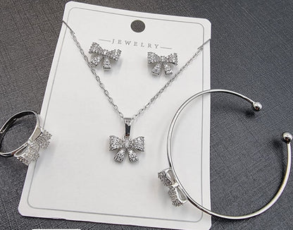 💎 Silver Bow Tie Crystal Jewelry Set – Necklace & Earrings 🌟🎀