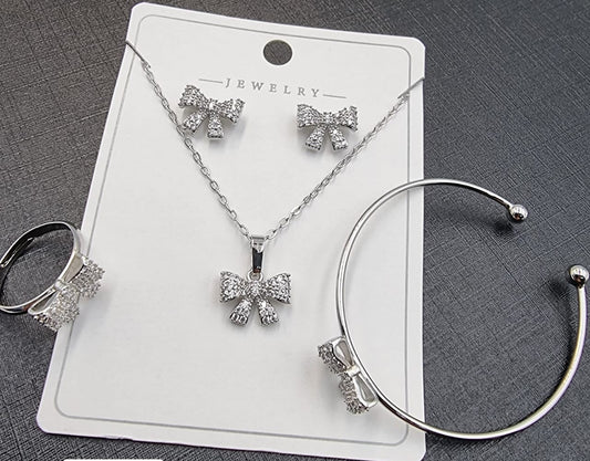 💎 Silver Bow Tie Crystal Jewelry Set – Necklace & Earrings 🌟🎀